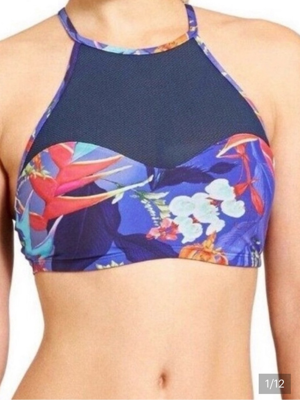 Athleta Bikini Set Floral High-Neck Mesh Bikini in Navy & Bright Floral